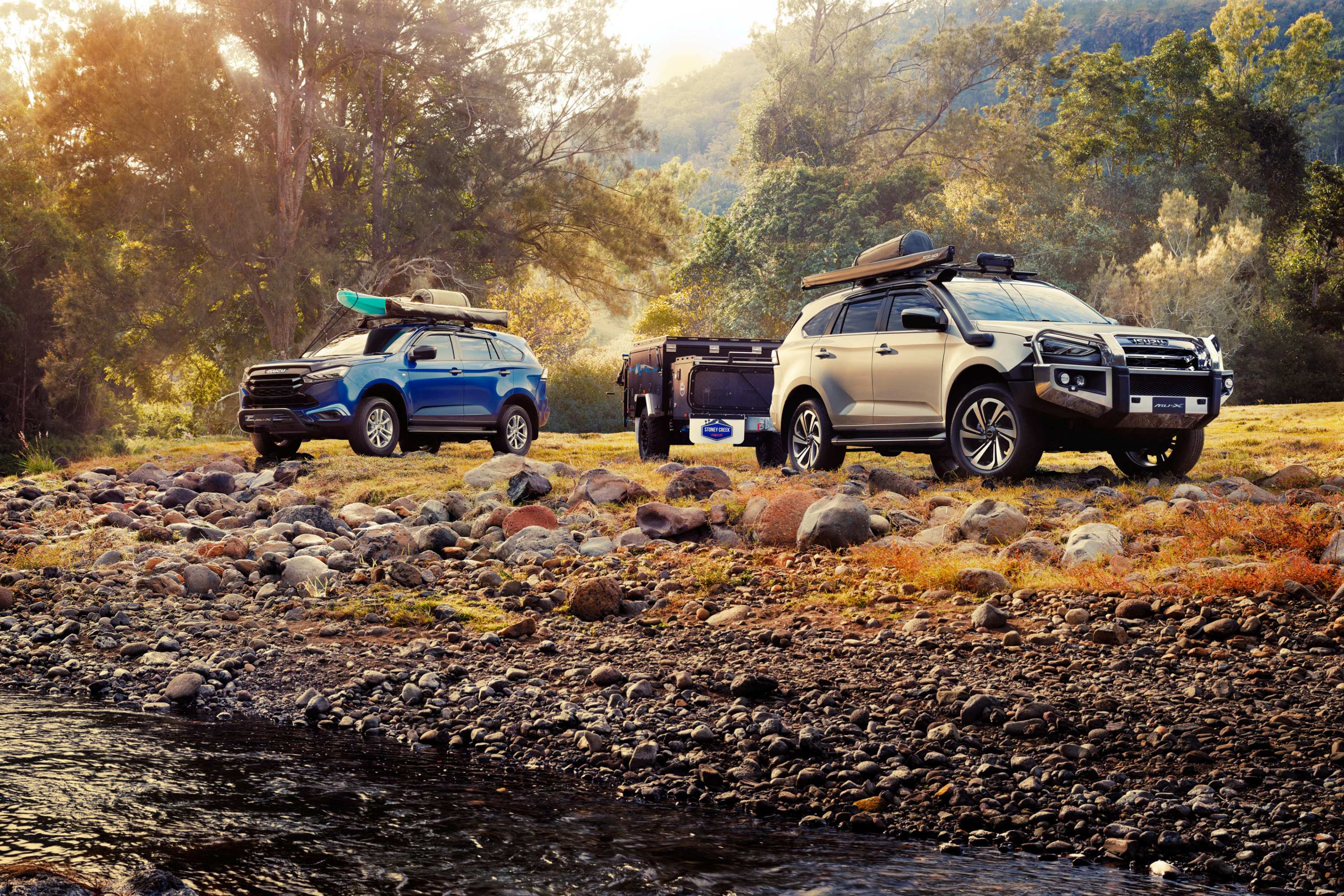 21MY Isuzu MU-X 4x4 LS-M Cobalt Blue Mica & LS-T Mercury Silver Metallic - Acc Creek Camping.