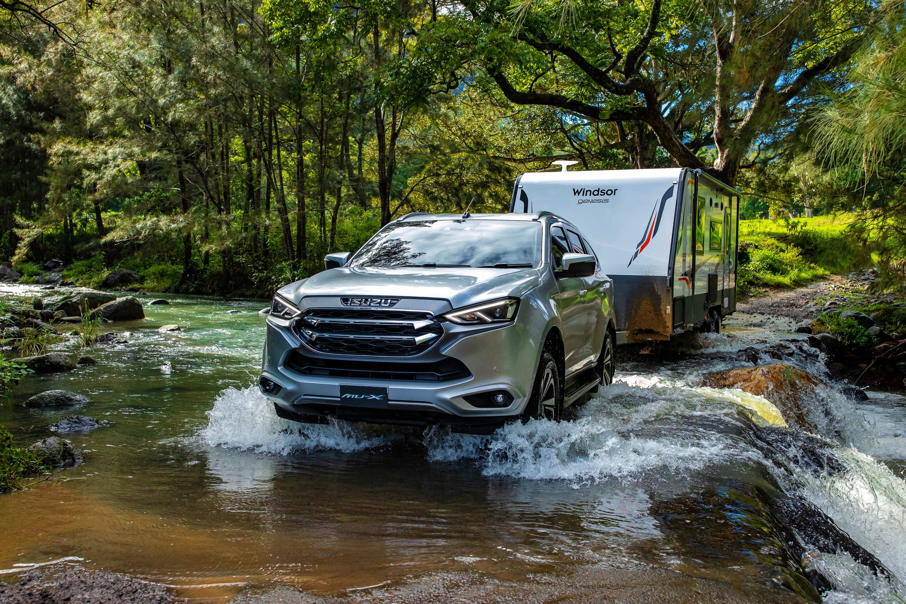 21MY Isuzu MU-X 4x4 LS-T Mercury Silver metallic - Creek towing.