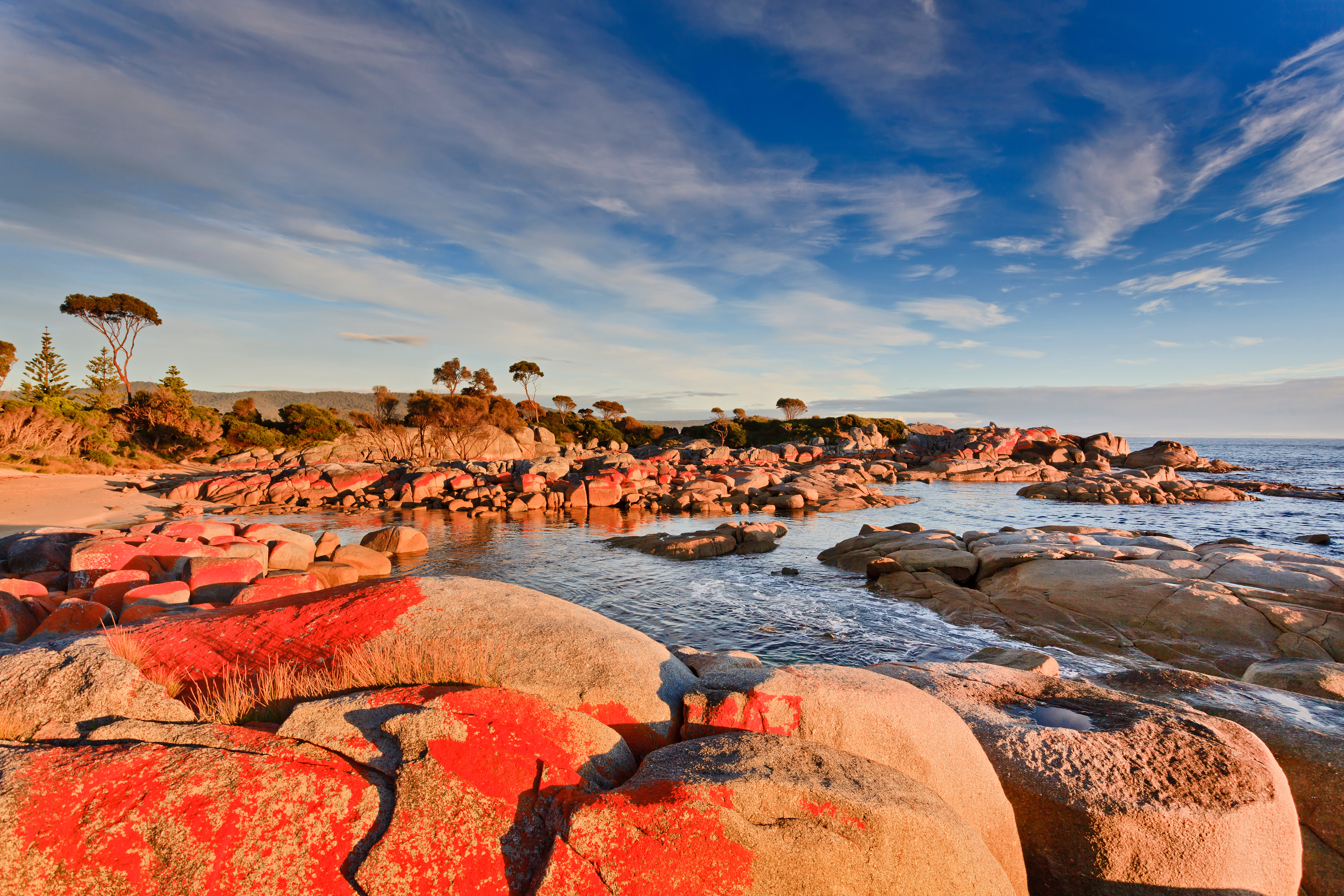 Australia Tasmania Bay of fires binalong bay red boulders at sunrise ocean coastline warm rising sunlight under blue sky