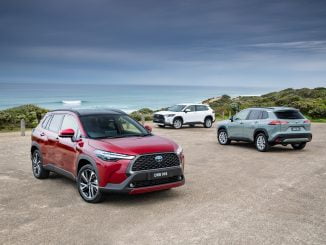 2022 Toyota Corolla Cross Corolla Cross Atmos AWD hybrid (l), Corolla Cross GX 2WD petrol (c) and Corolla Cross GXL AWD hybrid (r).