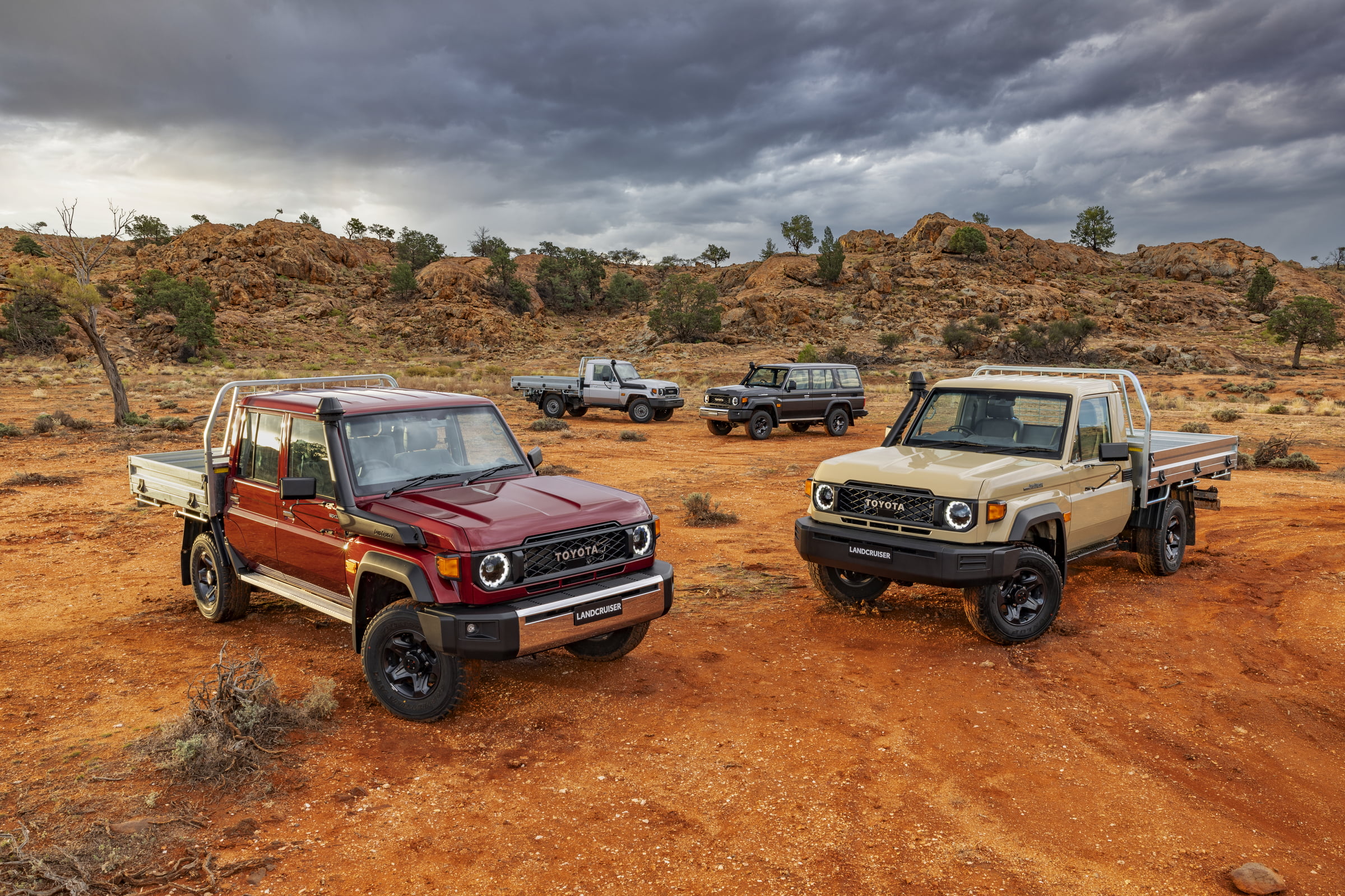 2024 Toyota LandCruiser 70 Series (L-R) GXL Double Cab Chassis, WorkMate Single Cab Chassis, GXL Wagon and GX Single Cab Chassis.